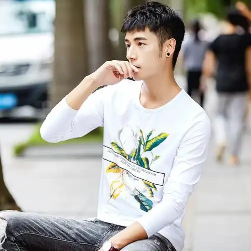 秋季t恤圆领打底衫修身男士长袖个性印花花卉潮流青年休闲小伙子