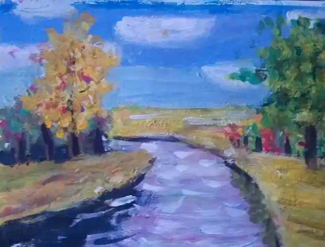 大自然山水风景秋天儿童画-一起去郊游