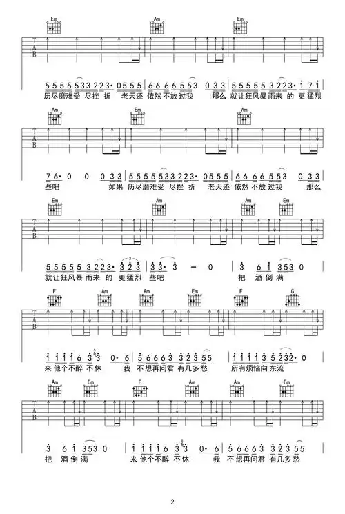 把酒倒满吉他谱原版_d调弹唱谱_李晓杰