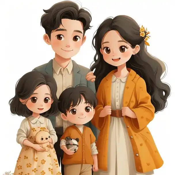 亲子头像|2024一家四口姐弟|亲子照卡通插画