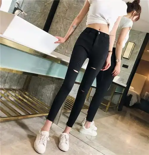 女2022春秋紧身显瘦黑色九分铅笔小脚裤薄韩国弹力高腰破洞牛仔裤
