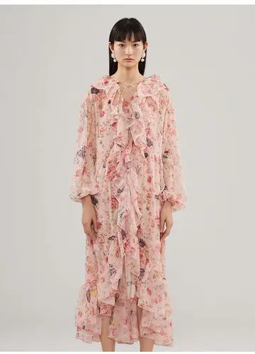 uooyaa/乌丫2018新款专柜正品复古印花时髦深v荷叶边休闲连衣裙.