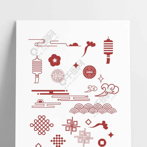 中国风传统祥云云纹灯笼铅笔花朵线条图案