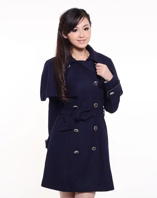 女款藏青色双排扣长袖大衣