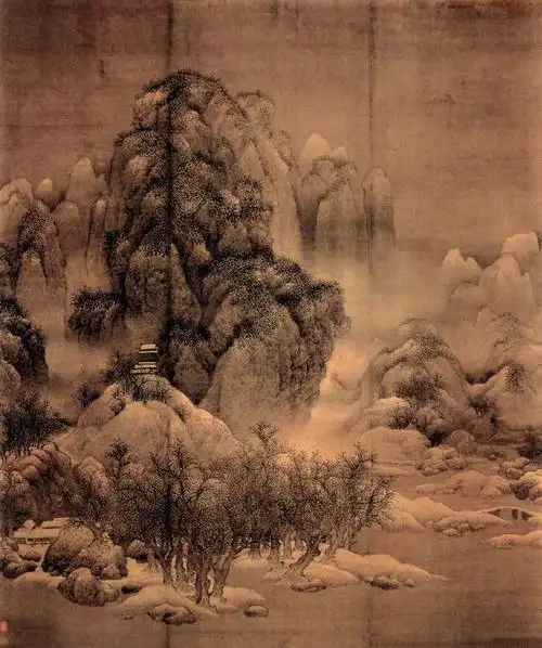 北宋 范宽《雪景寒林图》 笔墨浓重润泽,皴擦多于渲染,层次分明而