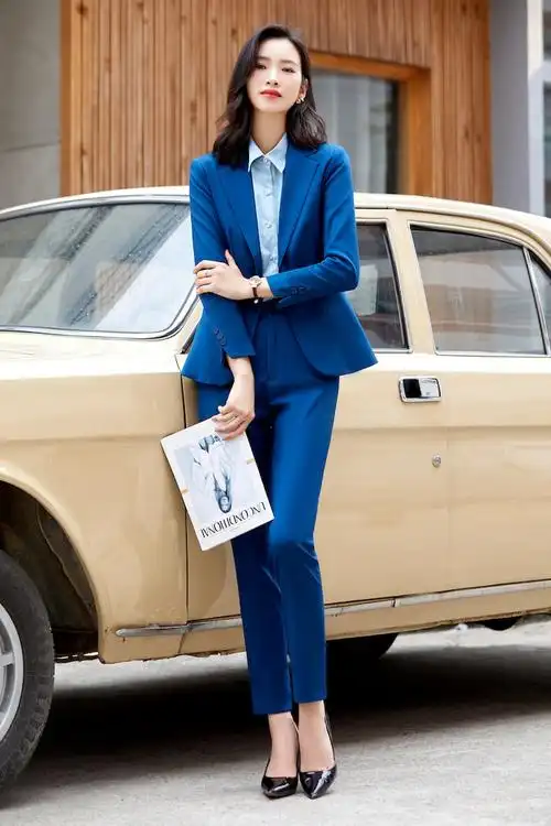 怡情姿蓝色西装外套女2021秋冬新款长袖修身显瘦高级感气质时尚英伦风