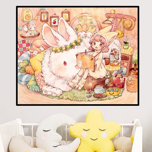 小幅儿童钻石画满钻新款2021可爱卡通女孩5d点贴钻带相框卧室床头