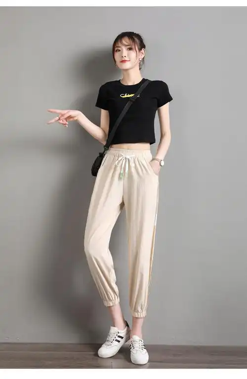 新款初中生高中生少女束脚休闲裤女运动裤学生宽松冰丝九分小脚哈伦裤