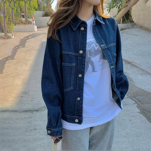 深蓝色牛仔外套女宽松bf