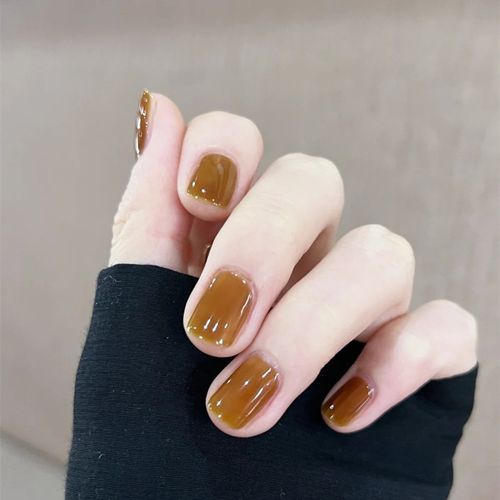 冰透焦糖色短款美甲成品纯色穿戴甲无折痕显手白可拆卸假指甲贴片