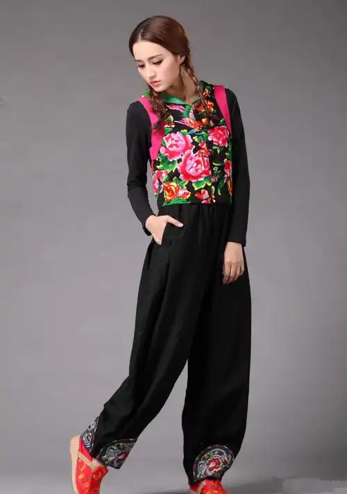 春秋新中国风女亚麻灯笼裤尼泊尔女大裆裤阔腿长裤民族风绣花女裤_不