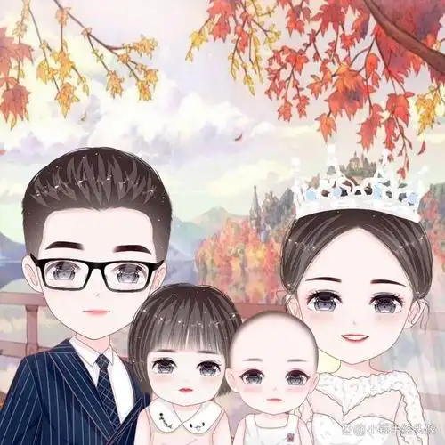 可爱卡通头像,一家四口手绘漫画全家福,简单的幸福更特别