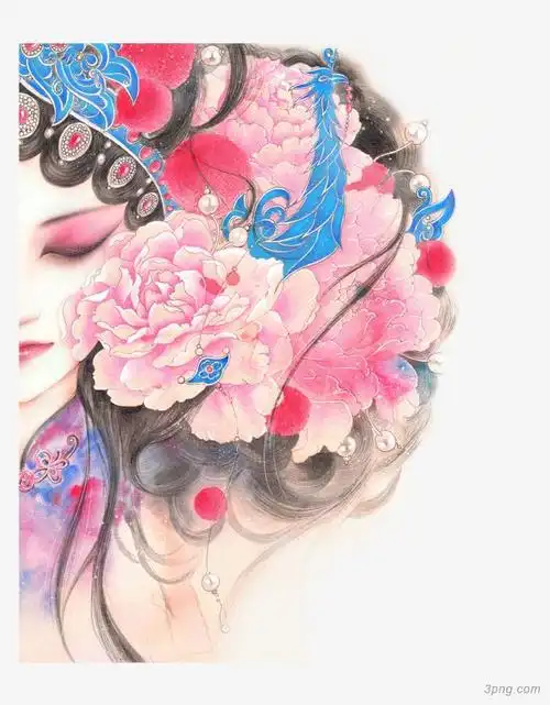 唯美手绘风戏曲花旦半边头像png素材透明免抠图片-动植人物