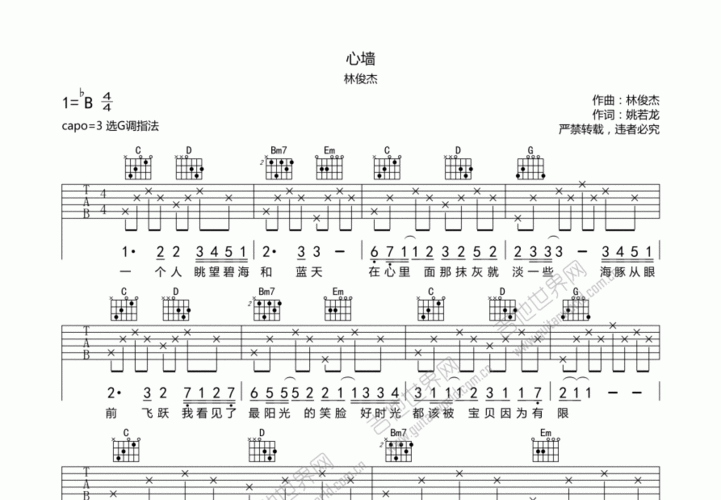 心墙吉他谱_林俊杰_g调弹唱_62%原版_麦田王王编配 - 吉他世界