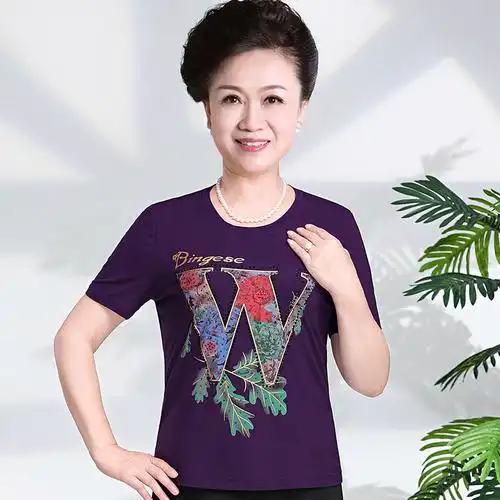 一品奴特大码女装2021年夏季新款加肥加大薄款上衣中年妈妈短袖衫