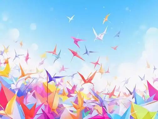 千纸鹤许多千纸鹤在空中飞舞场景插画梦幻唯美手绘插画背景图