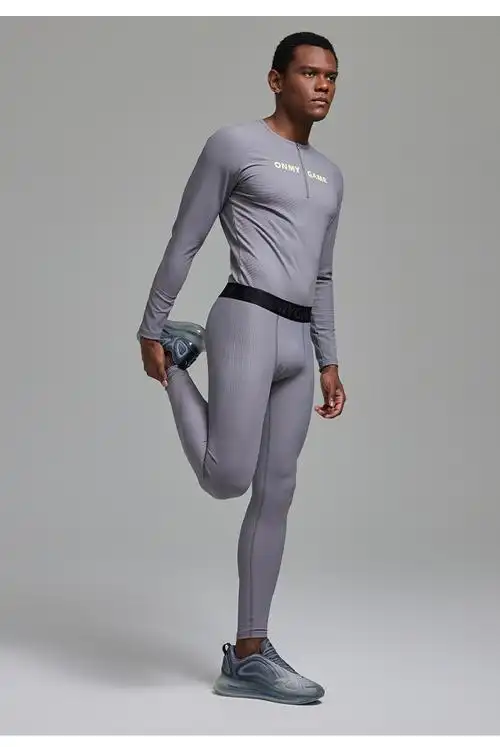 omg潮牌锦纶高弹力专业运动健身训练紧身裤男士速干瑜伽压缩裤灰色xxl