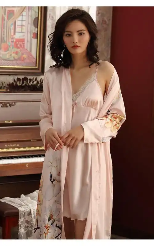 庆同女士冰丝春夏长袖性感睡衣情趣吊带睡裙两件套装长款睡袍浴袍