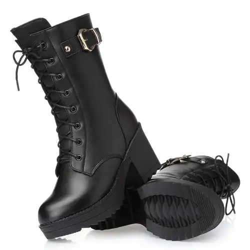 大码羊毛军靴女中筒靴粗跟高跟**羊皮毛一体40 41绑带机.