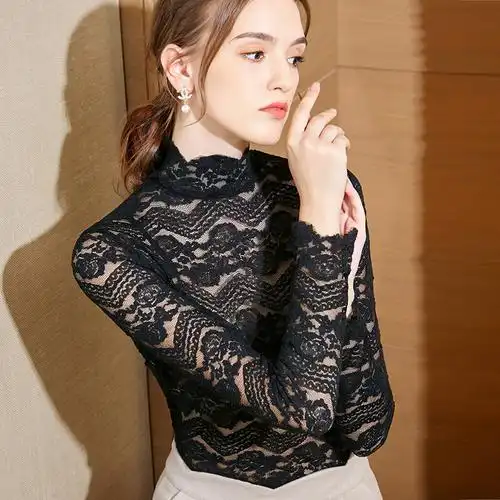 半高领蕾丝打底衫女拼接网纱内搭2019性感镂空洋气小衫长袖上衣女