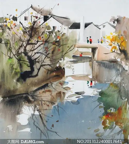 水彩风格的江南水乡设计图片素材