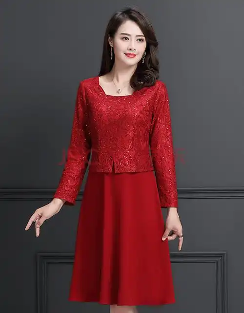 女气质春季2020新款流行高贵收腰显瘦裙子婚礼妈妈装春秋款 红色 2xl