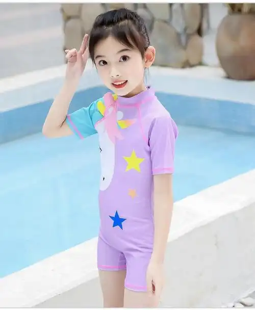 游泳带帽子311岁儿童连体衣独角兽紫色带帽好看透气小清新防晒游泳服