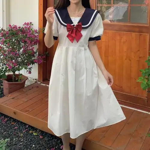 实价实拍~学院闺蜜高腰海军领水手服中长款连衣裙
