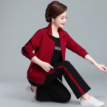 个子的穿搭秋天时尚套装女中老年妈妈运动服套装女秋季50岁枣红色2xl