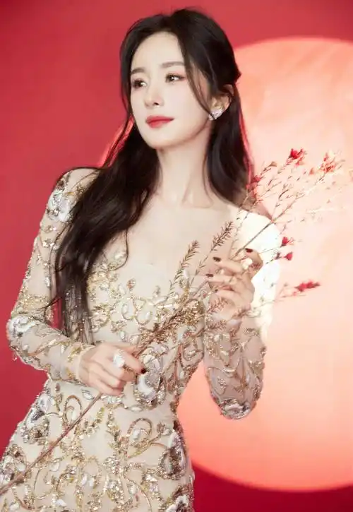 杨幂金色刺绣纱裙将喜气渲染得淋漓尽致