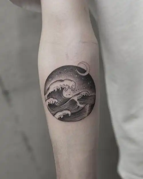 小臂黑灰newschool海浪纹身图案