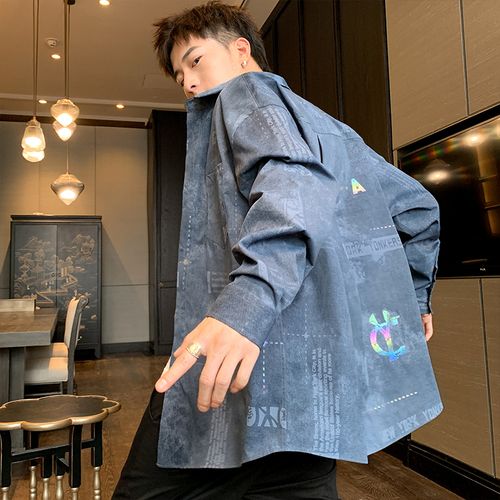 迅仕莫罗时尚男装2021春季新款男士港风休闲衬衫时尚潮流舒适衬衣