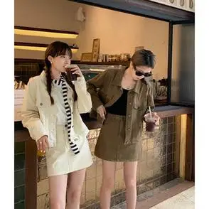 复古牛仔上衣女a字半身短裙两件套装闺蜜工装y9892套组春季