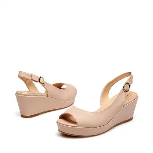 daphne/达芙妮新款纯色女鞋 优雅坡跟一字扣凉鞋1015303198 浅粉红100