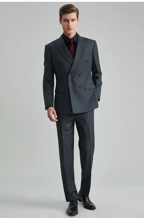 guillaume de mons羊毛西服套装男双排扣休闲深灰西装修身商务正装西