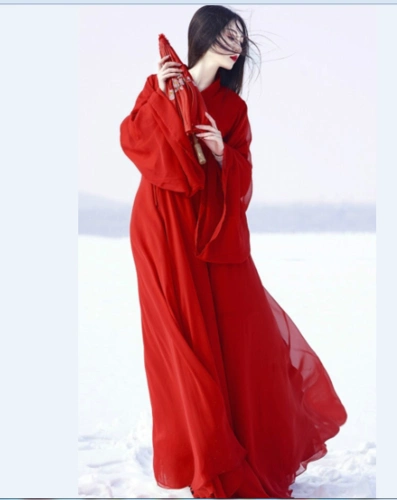 纯大红色汉服仙女纱全套魏晋飘逸中国古风仙气齐腰古装大袖衫原创