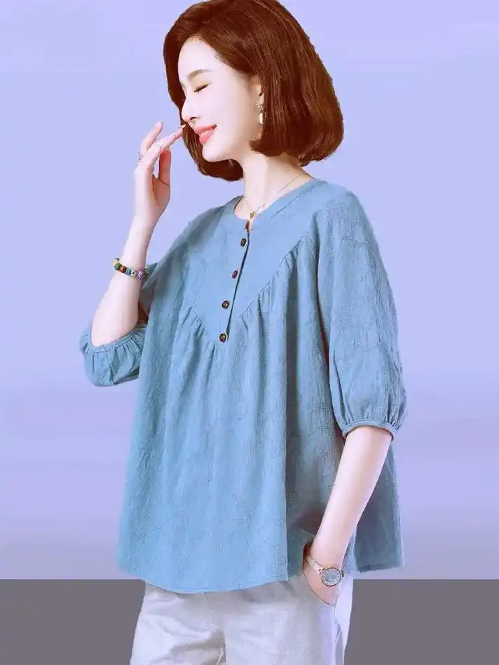 妈妈夏装洋气棉麻上衣服中老年女休闲纯色t.40 或将近40的 - 抖音