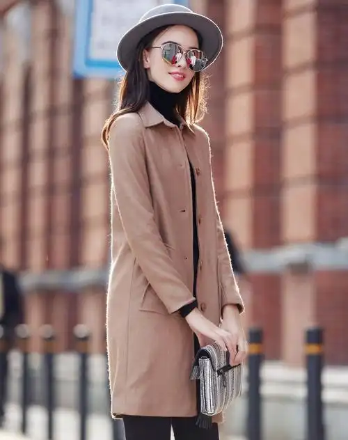 女浅驼色时尚显瘦中长款风衣外套