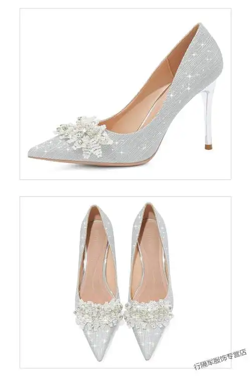 达芙妮单鞋2022银色婚鞋女新款水晶鞋公主高跟法式婚纱鞋伴娘礼服鞋
