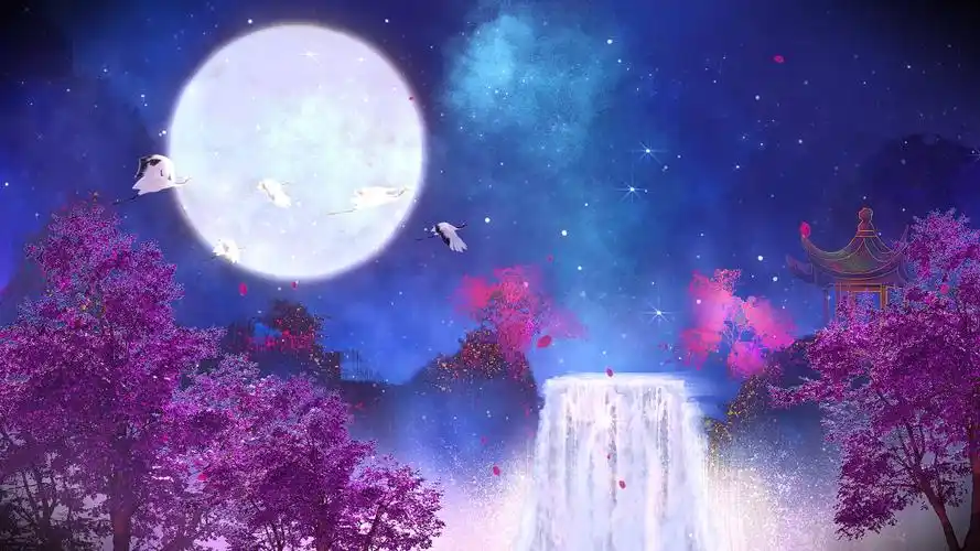 4k唯美梦幻紫色星空桃花瀑布仙境世外桃源背景mp4