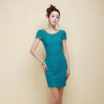 奢侈皇后luxyqueen孔雀绿重磅纯棉蕾丝露后背性感酒会礼服2061 孔雀