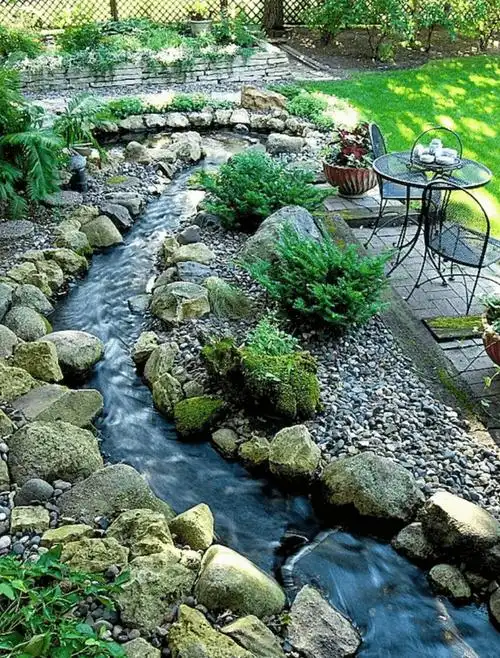 1,小溪流利用院子的一个地势,打造出这么一个小溪流,"溪水"顺利而下