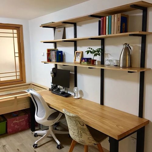 简易双人实木书桌书架组合书房家用长桌写字台电脑桌