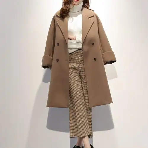 2017秋冬毛呢大衣女中长款韩版宽松斜口袋双排扣加厚呢子外套