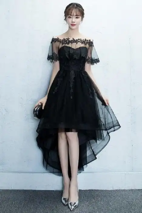 黑色晚礼服2018新款派对宴会一字肩优雅修身前短后长显瘦连衣裙女