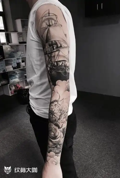 帆船花臂_纹身图案手稿图片_九景的纹身作品集