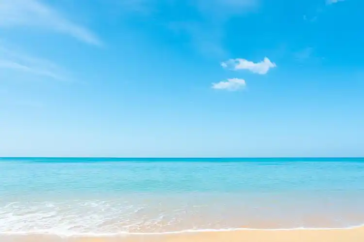 阳光明媚的天空和热带海滩.地平线上有云的生机勃勃的大海.