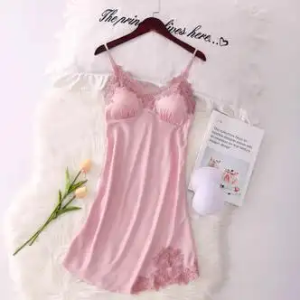 蕾丝吊带睡裙女新夏季冰丝性感诱惑带胸垫私房睡衣粉色m80100斤穿