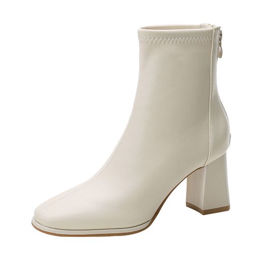 白色短靴女弹力瘦瘦靴女后拉链方头粗跟皮靴单靴显瘦法式高跟靴女