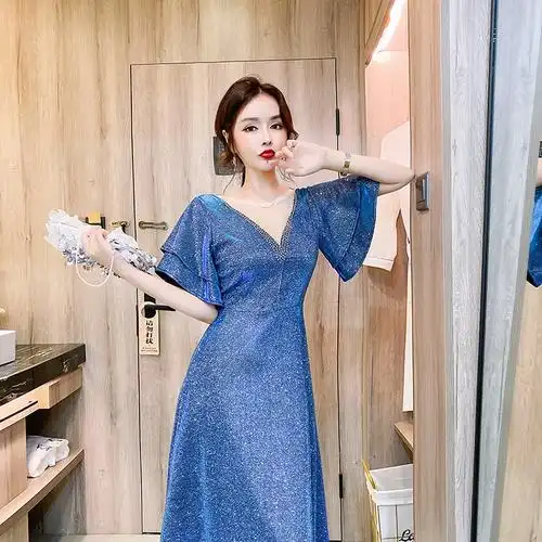 蓝色晚礼服裙女宴会名媛气质轻奢小众高端高级感艺考星空主持年会